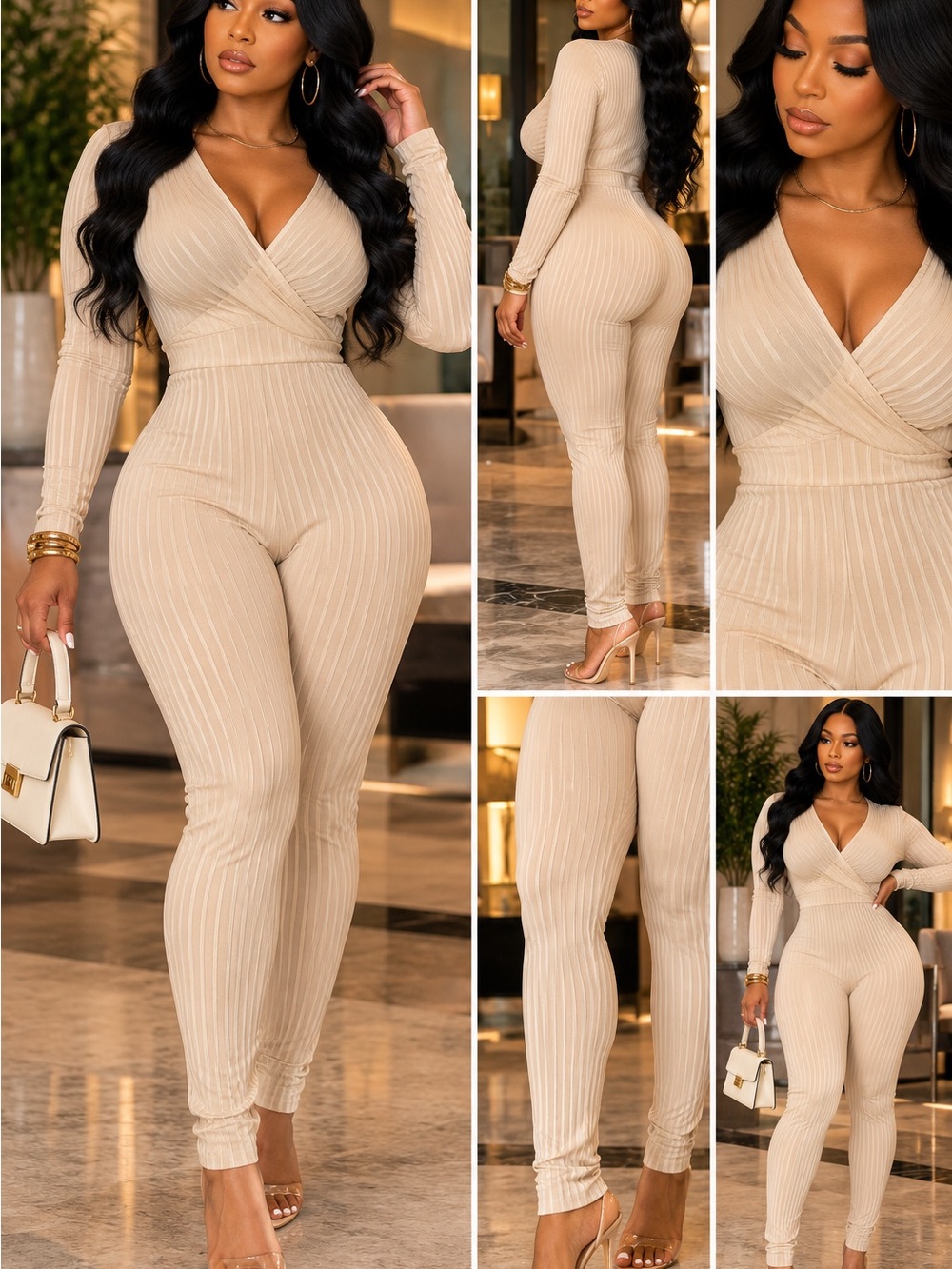 iris Beige Ribbed Wrap-Front Jumpsuit